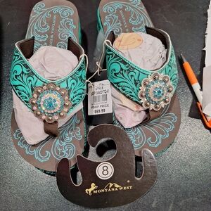 NIB-Montana West Turquoise and Brown Floral Medallion Flip Flops